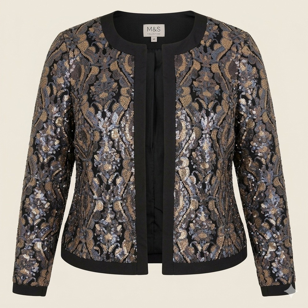 M&S Bronze Black Sequin Open Jacket Metallic 16 XL Evening Formal Party Wedding